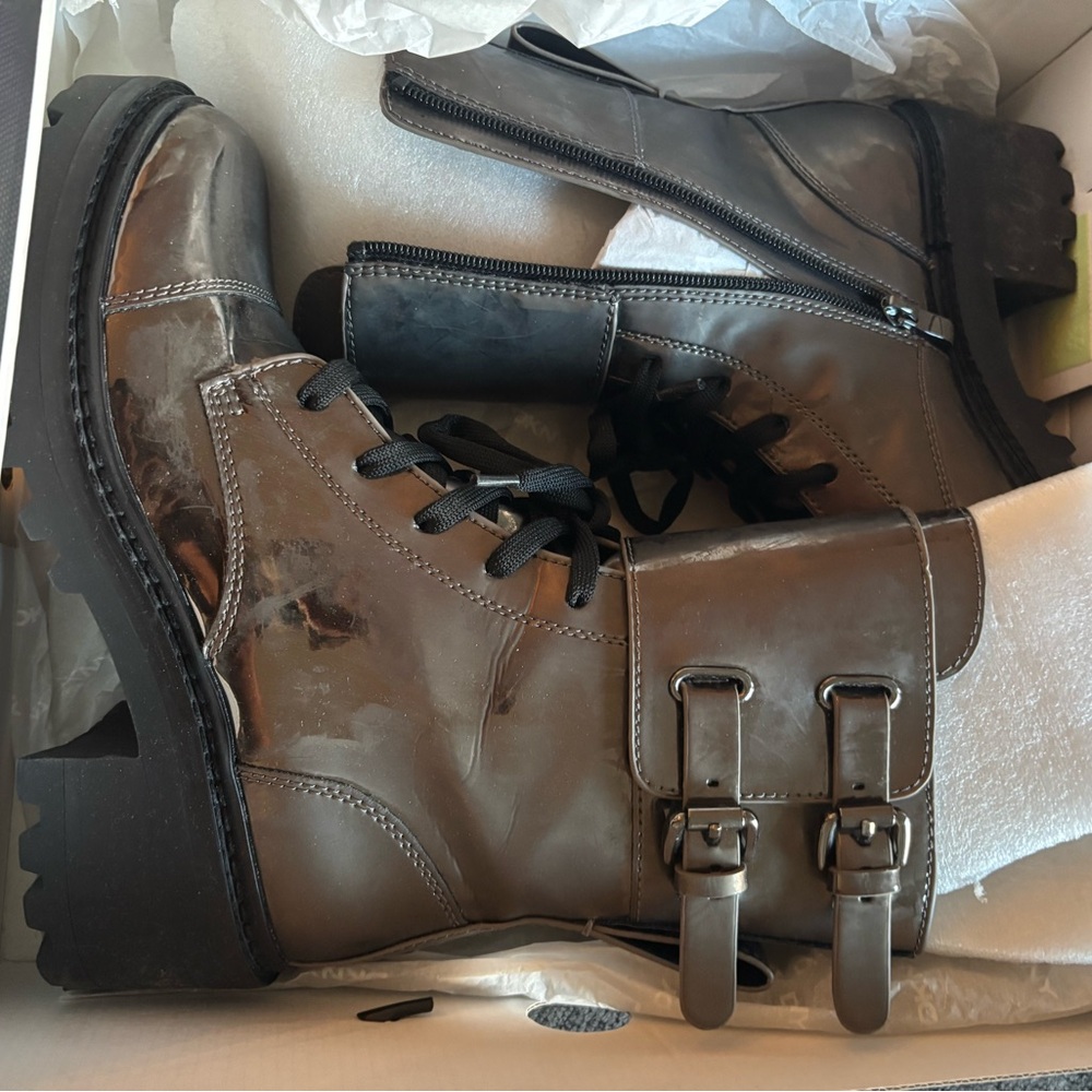 DKNY Metallic & Black Leather Combat Boots